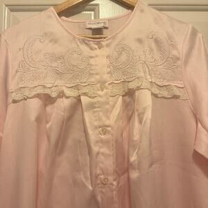 VTG Shadowline Pink Satin Long Nightgown Size Large Lace Embroidery Button Front